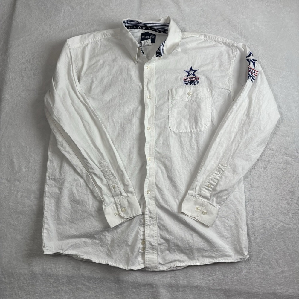 VTG Wrangler National Patriot White Button Up Long Sleeve Collared Shirt Mens XL